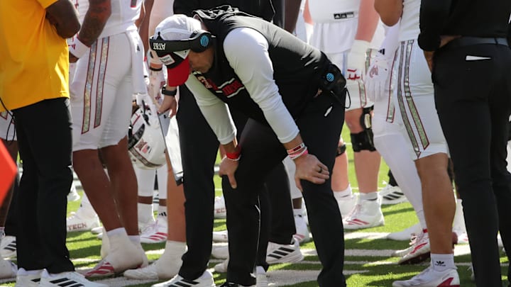 Nov 8, 2025; Lubbock, Texas, USA;  Texas Tech Red Raiders head coach Joey McGuire in the first half during the game against the Brigham Young Cougars at Jones AT&T Stadium. Mandatory Credit: Michael C. Johnson-Imagn Images