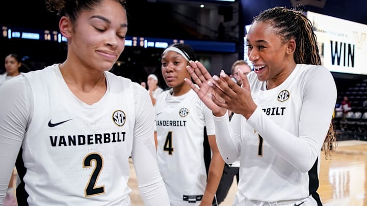 Vanderbilt guard Mikayla Blakes (1) reacts after defeating Arkansas at Memorial Gym in Nashville, Tenn., Thursday, Jan. 23, 2025.