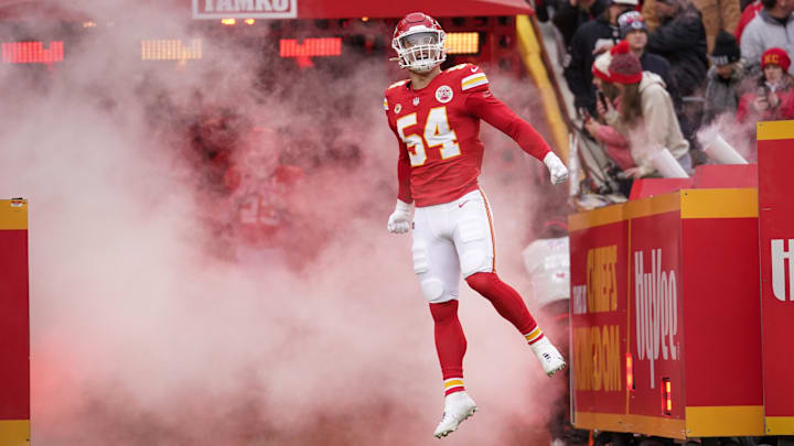Dec 25, 2023; Kansas City, Missouri, USA; Kansas City Chiefs linebacker Leo Chenal (54) is introduced against the Las Vegas Raiders prior to a game at GEHA Field at Arrowhead Stadium. Mandatory Credit: Denny Medley-Imagn Images