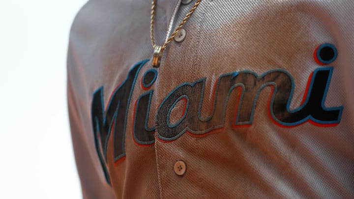Apr 11, 2019; Cincinnati, OH, USA; A view of the logo on the chest of the jersey of a Miami Marlins player in the game against the Cincinnati Reds at Great American Ball Park. Mandatory Credit: Aaron Doster-USA TODAY Sports