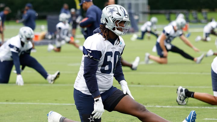 Dallas Cowboys offensive tackle Tyler Guyton goes through a drill during practice at the Ford Center at the Star Training Facility in Frisco, Texas. 