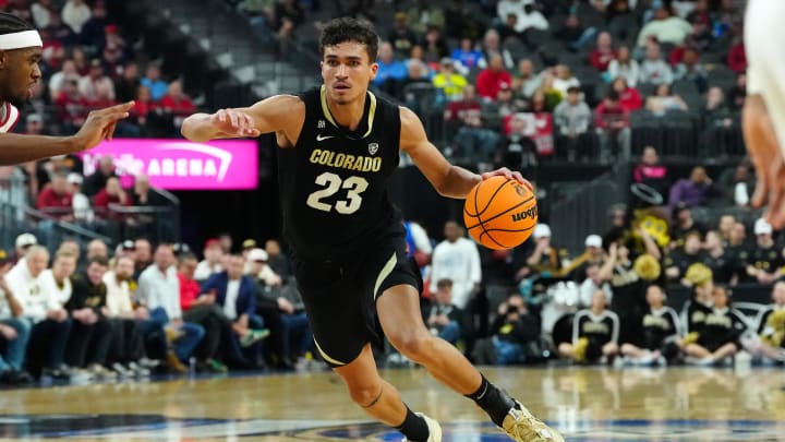 Colorado Buffaloes forward Tristan da Silva (23) dribbles against the Washington State Cougars during the first half at T-Mobile Arena. Colorado Buffaloes forward Tristan da Silva (23) dribbles against the Washington State Cougars during the first half at T-Mobile Arena.