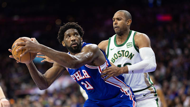 Nov 15, 2023; Philadelphia, Pennsylvania, USA; Philadelphia 76ers center Joel Embiid (21) controls the ball against Boston Celtics center Al Horford (42) during the third quarter at Wells Fargo Center. Mandatory Credit: Bill Streicher-Imagn Images