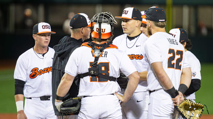 Oregon State players huddle Nelson Keljo (36) on the mound during an NCAA college baseball game at Goss Stadium on Friday, March 7, 2025, in Corvallis, Ore. Oregon State players huddle Nelson Keljo (36) on the mound during an NCAA college baseball game at Goss Stadium on Friday, March 7, 2025, in Corvallis, Ore.