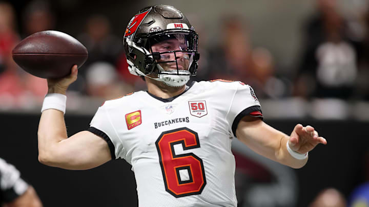 Sep 7, 2025; Atlanta, Georgia, USA; Tampa Bay Buccaneers quarterback Baker Mayfield (6) passes the ball against the Atlanta Falcons during the first quarter at Mercedes-Benz Stadium. 