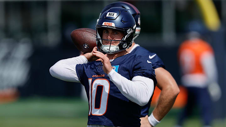 Jul 24, 2025; Englewood, CO, USA; Denver Broncos quarterback Bo Nix (10) during Denver Broncos Training Camp. Mandatory Credit: Isaiah J. Downing-Imagn Images
