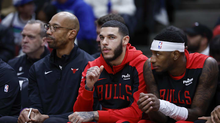 Oct 16, 2024; Chicago, Illinois, USA; Chicago Bulls guard Lonzo Ball (2) sits on the bench during the first half of a game against the Minnesota Timberwolves at United Center. Mandatory Credit: Kamil Krzaczynski-Imagn Images