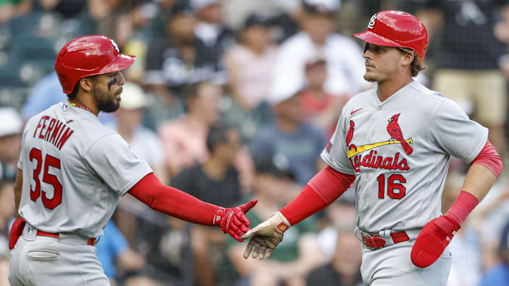 Jul 9, 2023; Chicago, Illinois, USA; St. Louis Cardinals second baseman Nolan Gorman (16) celebrates with shortstop Jose Fermin (35) after scoring against the Chicago White Sox during the tenth inning at Guaranteed Rate Field. Mandatory Credit: Kamil Krzaczynski-Imagn Images Jul 9, 2023; Chicago, Illinois, USA; St. Louis Cardinals second baseman Nolan Gorman (16) celebrates with shortstop Jose Fermin (35) after scoring against the Chicago White Sox during the tenth inning at Guaranteed Rate Field. Mandatory Credit: Kamil Krzaczynski-Imagn Images