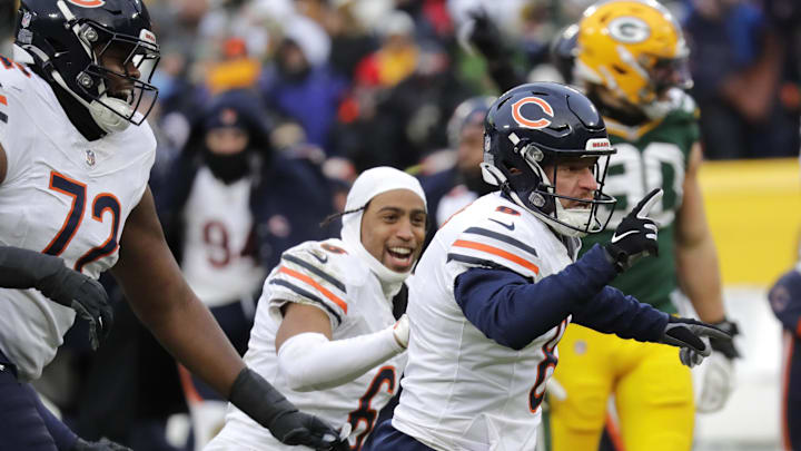 Cairo Santos celebrates the only Bears NFC North win last season after making the game-winning kick against Green Bay.