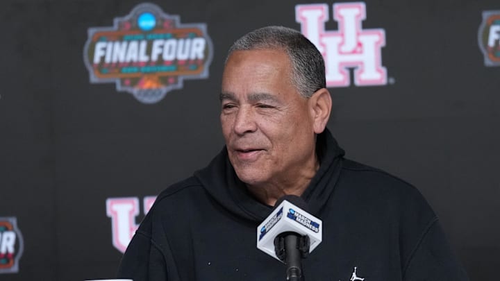 Houston head coach Kelvin Sampson talks to the media at the Alamodome. 
