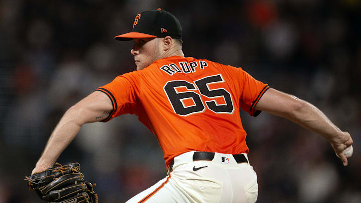 Sep 27, 2024; San Francisco, California, USA; San Francisco Giants starting pitcher Landen Roupp (65) delivers a pitch against the St. Louis Cardinals during the second inning at Oracle Park.