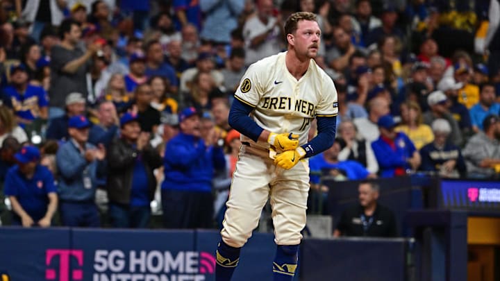 Oct 1, 2024; Milwaukee, Wisconsin, USA; Milwaukee Brewers first base Rhys Hoskins (12) reacts after an out against the New York Mets during the ninth inning in game one of the Wildcard round for the 2024 MLB Playoffs at American Family Field. Oct 1, 2024; Milwaukee, Wisconsin, USA; Milwaukee Brewers first base Rhys Hoskins (12) reacts after an out against the New York Mets during the ninth inning in game one of the Wildcard round for the 2024 MLB Playoffs at American Family Field.
