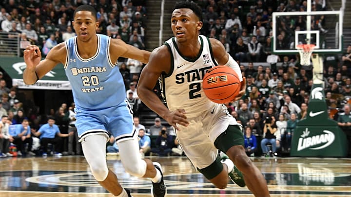 Dec 30, 2023; East Lansing, Michigan, USA; Michigan State Spartans guard Tyson Walker (2) drives