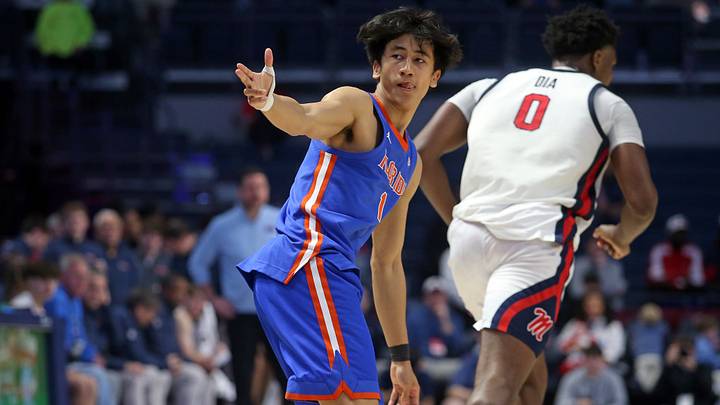 Feb 21, 2026; Oxford, Mississippi, USA; Florida Gators guard Xaivian Lee (1) reacts after a three point basket during the second half against the Mississippi Rebels at The Sandy and John Black Pavilion at Ole Miss. Feb 21, 2026; Oxford, Mississippi, USA; Florida Gators guard Xaivian Lee (1) reacts after a three point basket during the second half against the Mississippi Rebels at The Sandy and John Black Pavilion at Ole Miss.