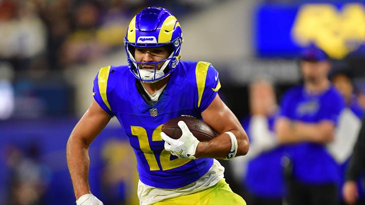 Los Angeles Rams wide receiver Puka Nacua (12) runs after making a catch during the second quarter against the Buffalo Bills at SoFi Stadium.  Mandatory Credit: Gary A. Vasquez-Imagn Images