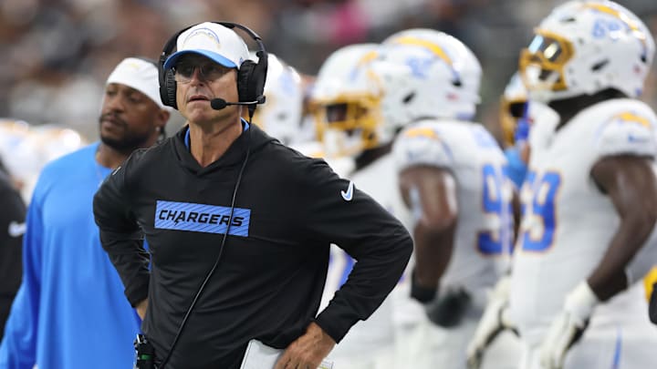 Los Angeles Chargers head coach Jim Harbaugh on the sidelines during their preseason match against the Dallas Cowboys on Aug. 24, 2024.