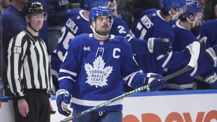 Mar 12, 2026; Toronto, Ontario, CAN; Toronto Maple Leafs forward Auston Matthews (34) looks up at the scoreboard after scoring against the Anaheim Ducks during the second period at Scotiabank Arena. Mandatory Credit: John E. Sokolowski-Imagn Images