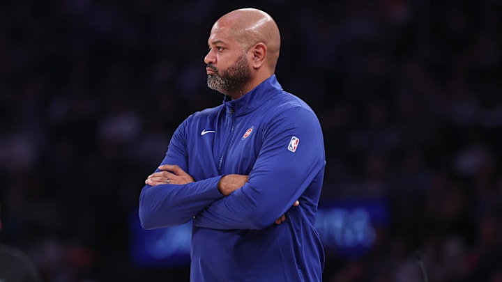 Dec 7, 2024; New York, New York, USA; Detroit Pistons head coach JB Bickerstaff looks on during the first half against the New York Knicks at Madison Square Garden. Mandatory Credit: Vincent Carchietta-Imagn Images