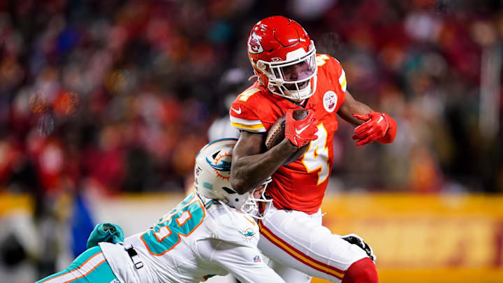 Jan 13, 2024; Kansas City, Missouri, USA; Kansas City Chiefs wide receiver Rashee Rice (4) runs with