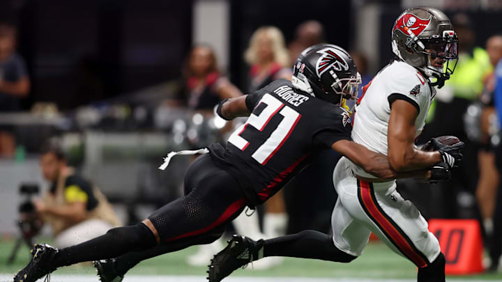 Tampa Bay Buccaneers wide receiver Emeka Egbuka and Atlanta Falcons cornerback Mike Hughes 