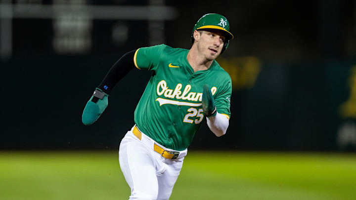 Sep 20, 2024; Oakland, California, USA; Oakland Athletics outfielder Brent Rooker (25) scores during the tenth inning against the New York Yankees at Oakland-Alameda County Coliseum. Sep 20, 2024; Oakland, California, USA; Oakland Athletics outfielder Brent Rooker (25) scores during the tenth inning against the New York Yankees at Oakland-Alameda County Coliseum.