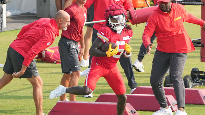 Jul 26, 2024; Kansas City, MO, USA; Kansas City Chiefs wide receiver Marquise “Hollywood” Brown (5) runs drills during training camp at Missouri Western State University. Mandatory Credit: Denny Medley-Imagn Images