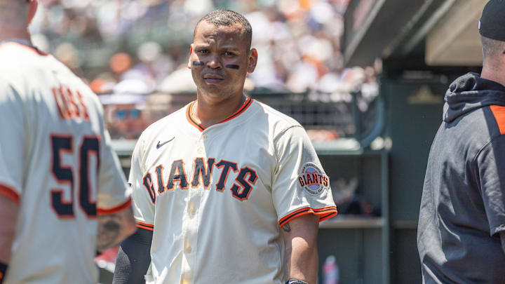 Jun 19, 2025; San Francisco, California, USA; San Francisco Giants infielder Rafael Devers (16) during the game against the Cleveland Guardians at Oracle Park. Mandatory Credit: Bob Kupbens-Imagn Images Jun 19, 2025; San Francisco, California, USA; San Francisco Giants infielder Rafael Devers (16) during the game against the Cleveland Guardians at Oracle Park. Mandatory Credit: Bob Kupbens-Imagn Images