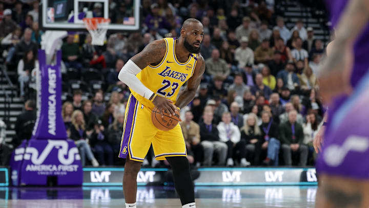 Feb 12, 2025; Salt Lake City, Utah, USA; Los Angeles Lakers forward LeBron James (23) controls the ball during the first quarter against the Utah Jazz at Delta Center. Mandatory Credit: Chris Nicoll-Imagn Images