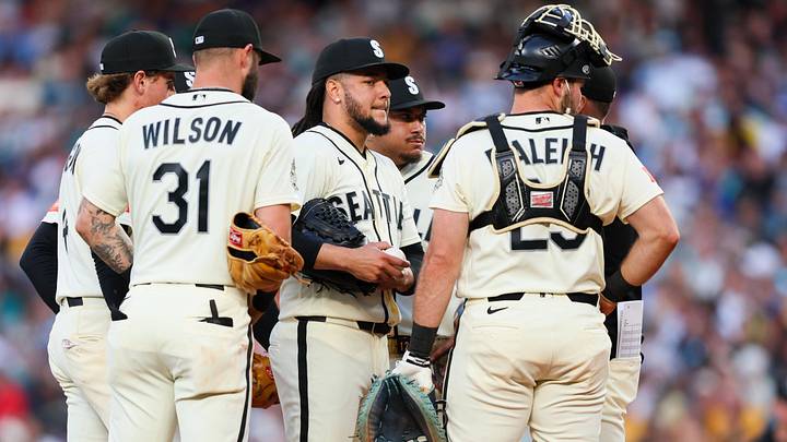 Jun 19, 2026: Seattle Mariners pitcher Luis Castillo (58) is visited on the mound in the seventh inning against the Boston Red Sox at T-Mobile Park. 