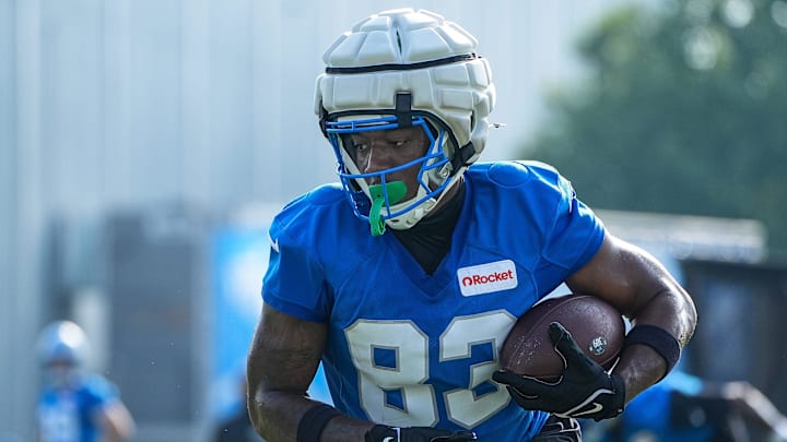 Detroit Lions wide receiver Jackson Meeks (83) practices during training camp at Meijer Performance Center in Allen Park on Thursday, July 24, 2025.