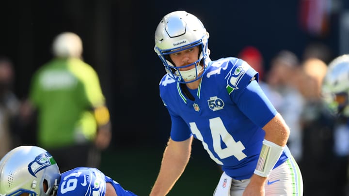 Oct 5, 2025; Seattle, Washington, USA;  Seattle Seahawks quarterback Sam Darnold (14) on the field for warm ups prior to a game against the Tampa Bay Buccaneers at Lumen Field. Mandatory Credit: Steven Bisig-Imagn Images
