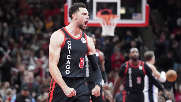 Nov 17, 2023; Chicago, Illinois, USA; Chicago Bulls guard Zach LaVine (8) after making a three point shot