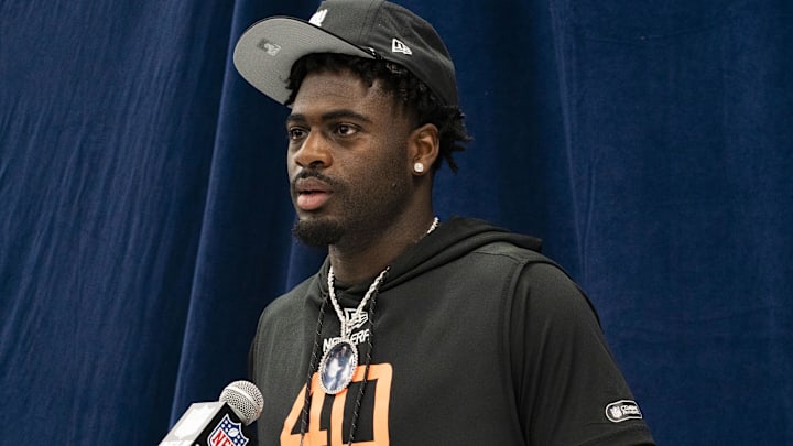 Memphis wideout Roc Taylor talks to the press during the 2025 NFL Combine