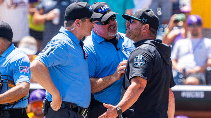 Jun 22, 2025; Omaha, Neb, USA; Coastal Carolina Chanticleers head coach Kevin Schnall reacts after being ejected during the first inning against the LSU Tigers at Charles Schwab Field. Mandatory Credit: Dylan Widger-Imagn Images Jun 22, 2025; Omaha, Neb, USA; Coastal Carolina Chanticleers head coach Kevin Schnall reacts after being ejected during the first inning against the LSU Tigers at Charles Schwab Field. Mandatory Credit: Dylan Widger-Imagn Images