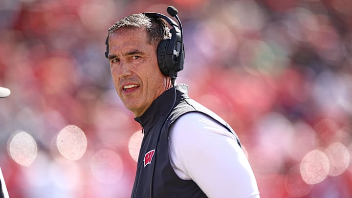 Oct 12, 2024; Piscataway, New Jersey, USA; Wisconsin Badgers head coach Luke Fickell looks on during the first half against the Rutgers Scarlet Knights at SHI Stadium. Mandatory Credit: Vincent Carchietta-Imagn Images