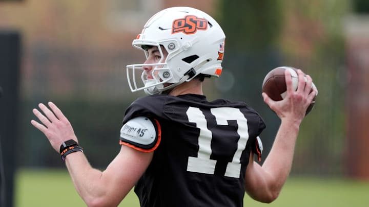 Oklahoma State's Drew Mestemaker throws a pass during an Oklahoma State University Cowboys football spring practice in Stillwater, Wednesday, April 1, 2026.
