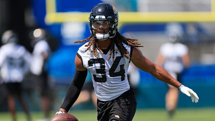Jacksonville Jaguars cornerback Gregory Junior (34) runs the ball during an organized team activity.