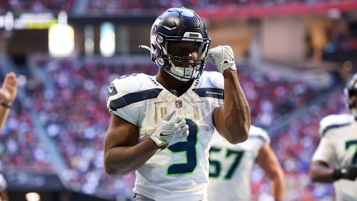 Oct 20, 2024; Atlanta, Georgia, USA; Seattle Seahawks running back Kenneth Walker III (9) celebrates after a touchdown catch against the Atlanta Falcons in the third quarter at Mercedes-Benz Stadium. Mandatory Credit: Brett Davis-Imagn Images Oct 20, 2024; Atlanta, Georgia, USA; Seattle Seahawks running back Kenneth Walker III (9) celebrates after a touchdown catch against the Atlanta Falcons in the third quarter at Mercedes-Benz Stadium. Mandatory Credit: Brett Davis-Imagn Images