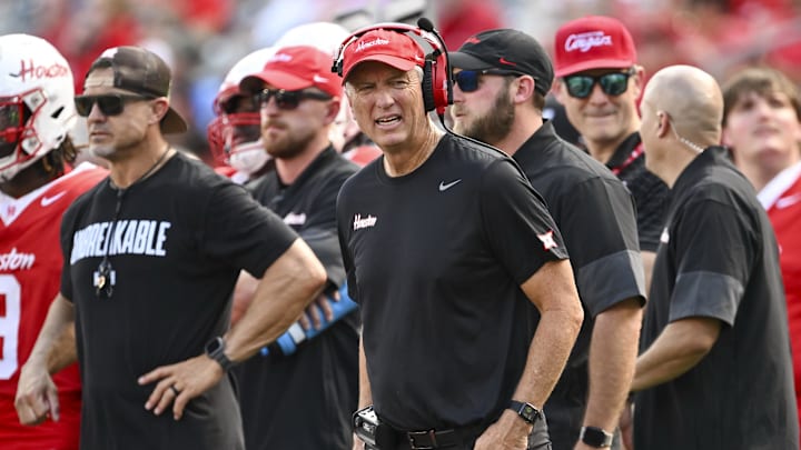 Oct 18, 2025; Houston, Texas, USA; Houston Cougars head coach Willie Fritz looks on during the third quarter against the Arizona Wildcats at TDECU Stadium. Mandatory Credit: Maria Lysaker-Imagn Images Oct 18, 2025; Houston, Texas, USA; Houston Cougars head coach Willie Fritz looks on during the third quarter against the Arizona Wildcats at TDECU Stadium. Mandatory Credit: Maria Lysaker-Imagn Images