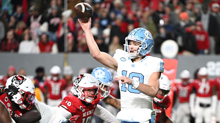 Nov 25, 2023; Raleigh, North Carolina, USA; North Carolina Tar Heels quarterback Drake Maye (10)