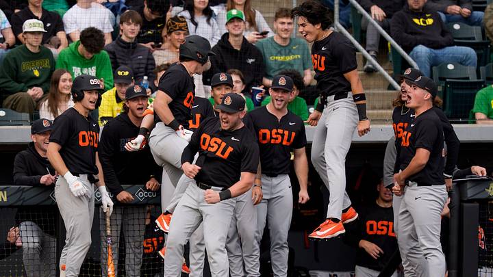 Oregon State celebrates a home run by infielder Paul Vazquez as the Oregon Ducks host the Oregon State Beavers on March 3, 2026, at PK Park in Eugene, Oregon.