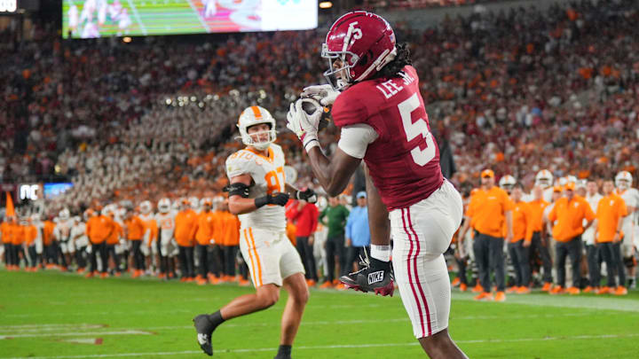 Alabama defensive back Dijon Lee Jr. (5) intercepts a Tennessee pass on a 2-point conversion during a college football game at Bryant-Denny Stadium in Tuscaloosa, Ala., on Oct. 18, 2025.