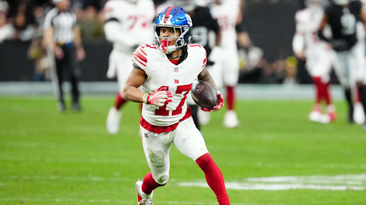 Dec 28, 2025; Paradise, Nevada, USA; New York Giants wide receiver Wan'Dale Robinson (17) runs with the ball after a catch in the second quarter against the Las Vegas Raiders at Allegiant Stadium. Dec 28, 2025; Paradise, Nevada, USA; New York Giants wide receiver Wan'Dale Robinson (17) runs with the ball after a catch in the second quarter against the Las Vegas Raiders at Allegiant Stadium.