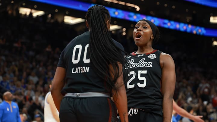 Apr 5, 2026; Phoenix, AZ, USA; South Carolina Gamecocks guard Ta'niya Latson (00) and guard Raven Johnson (25) react in the second quarter against the UCLA Bruins during the National Championship game of the women's 2026 NCAA Tournament at Mortgage Matchup Center. Mandatory Credit: Mark J. Rebilas-Imagn Images