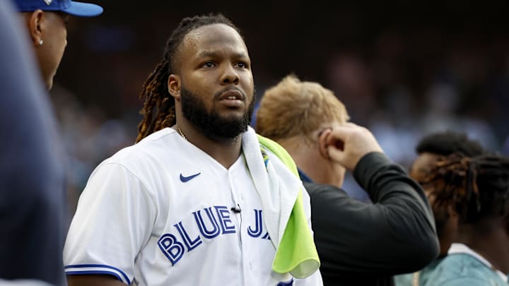 Jul 10, 2023; Seattle, Washington, USA; Toronto Blue Jays first baseman Vladimir Guerrero Jr. (27) during the All-Star Home Run Derby at T-Mobile Park.  Mandatory Credit: Joe Nicholson-USA TODAY Sports