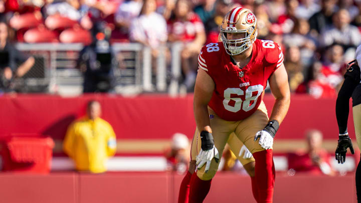August 18, 2024; Santa Clara, California, USA; San Francisco 49ers offensive tackle Colton McKivitz (68) during the first quarter against the New Orleans Saints at Levi's Stadium. Mandatory Credit: Kyle Terada-Imagn Images August 18, 2024; Santa Clara, California, USA; San Francisco 49ers offensive tackle Colton McKivitz (68) during the first quarter against the New Orleans Saints at Levi's Stadium. Mandatory Credit: Kyle Terada-Imagn Images