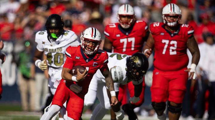 Oct 19, 2024; Tucson, Arizona, USA; Arizona Wildcats quarterback Noah Fifita (11) against the Colorado Buffalos at Arizona Stadium. Mandatory Credit: Mark J. Rebilas-Imagn Images