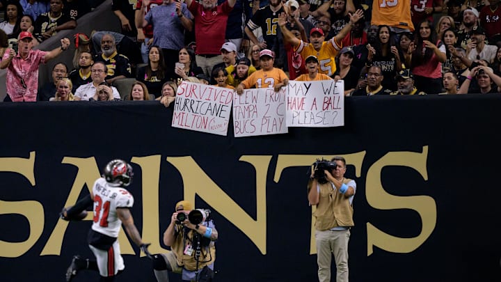 Antoine Winfield Jr. celebrated a touchdown Sunday with Buccaneers fans impacted by Hurricane Milton.