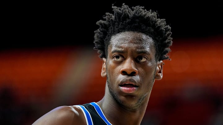 BYU Cougars forward AJ Dybantsa (3) stands on the court during a BIG 12 men's college basketball game between the Oklahoma State Cowboys (OSU) and the BYU Cougars at Gallagher-Iba Arena in Stillwater, Okla., Wednesday, Feb. 4, 2026.