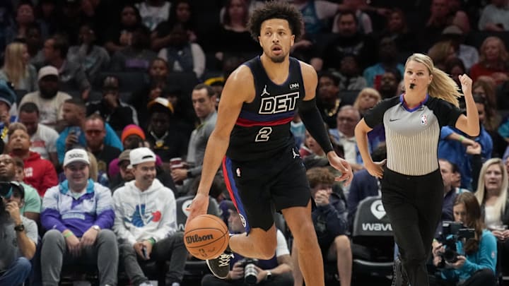 Oct 27, 2023; Charlotte, North Carolina, USA; Detroit Pistons guard Cade Cunningham (2) brings up the ball during the second half against the Charlotte Hornets  at Spectrum Center. Mandatory Credit: Jim Dedmon-Imagn Images